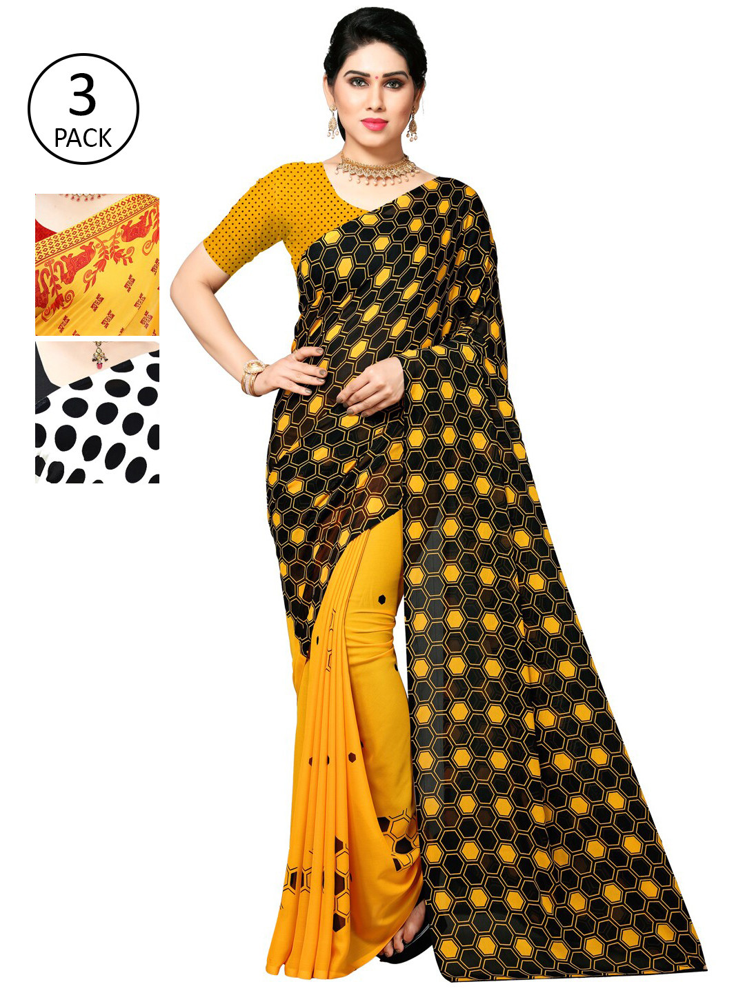 

KALINI Pack of 3 Printed Poly Georgette Saree, White
