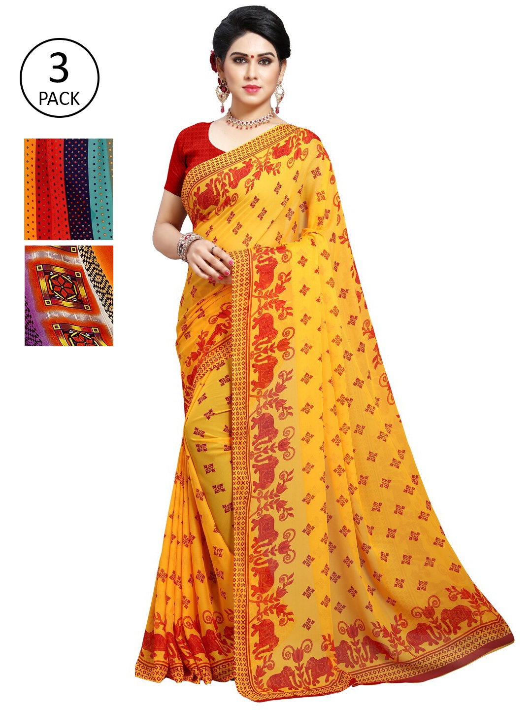 

KALINI Pack Of 3 Floral Sarees, Yellow