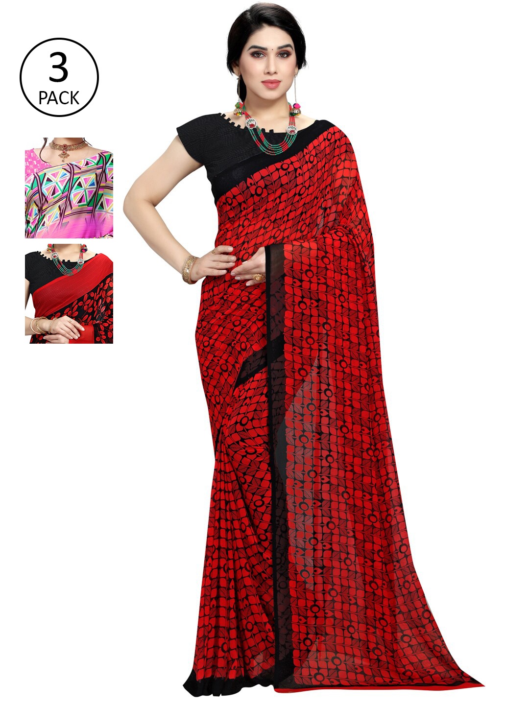 

KALINI Pack Of 3 Floral Sarees, Pink