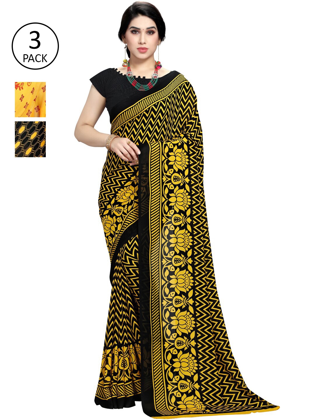 

KALINI Pack Of 3 Ethnic Motifs Sarees, Yellow