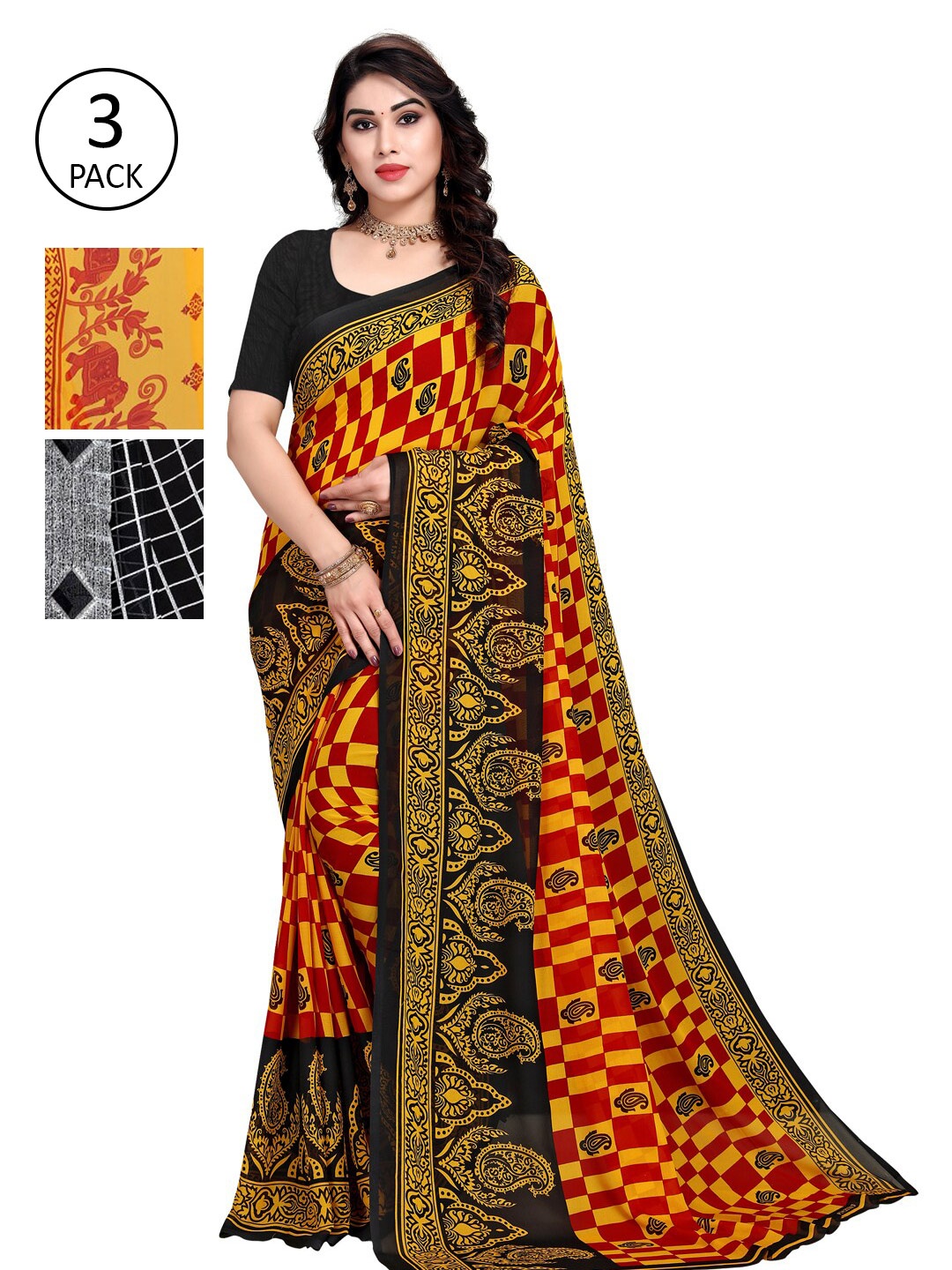 

KALINI Yellow & Black Ethnic Motifs Pack of 3 Saree