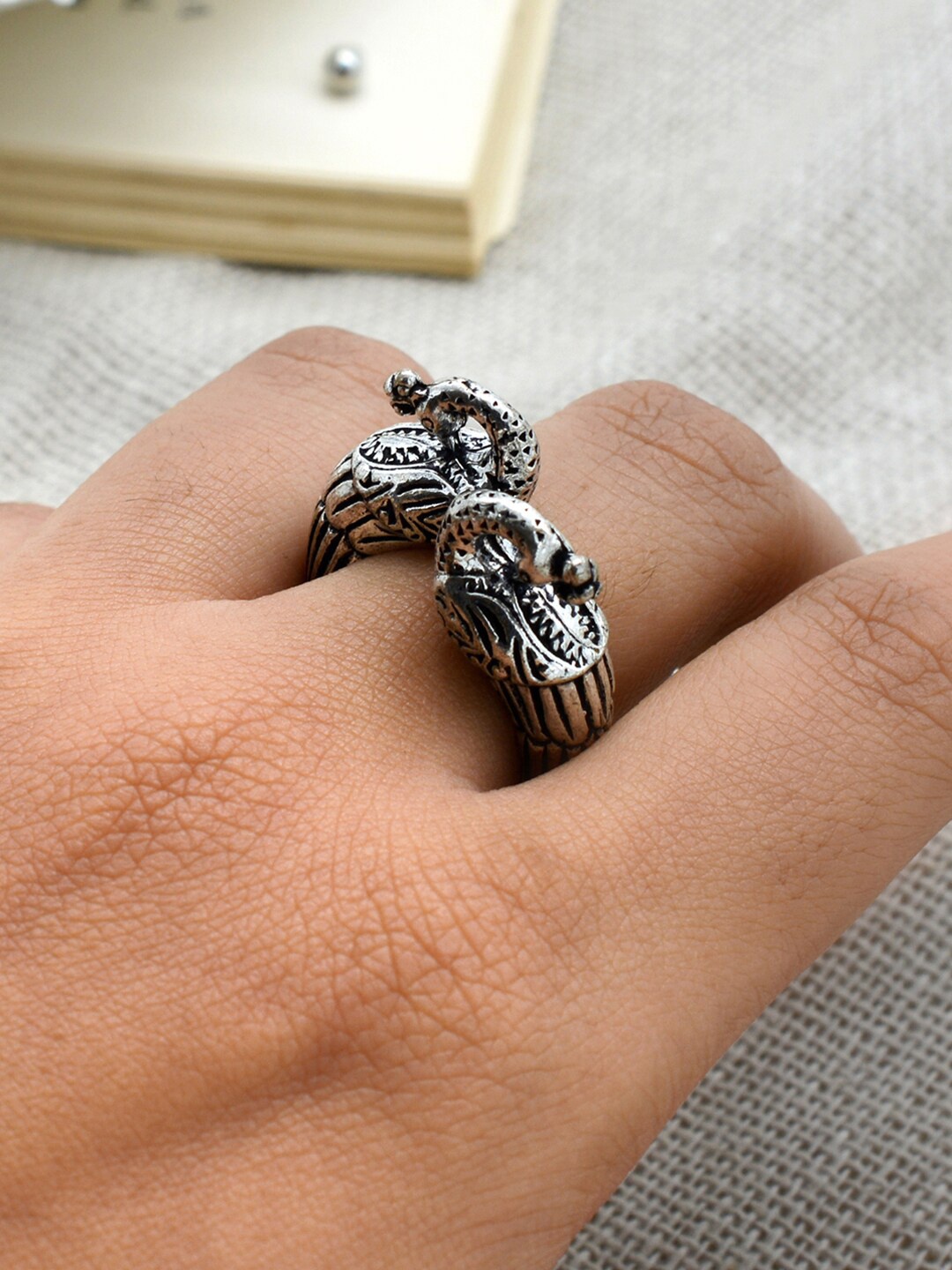 

TEEJH Oxidised Silver-Toned Viti Peacock Adjustable Finger Ring