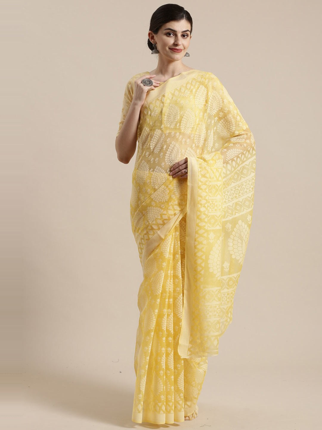 

Saree mall Yellow Floral Brasso Sarees