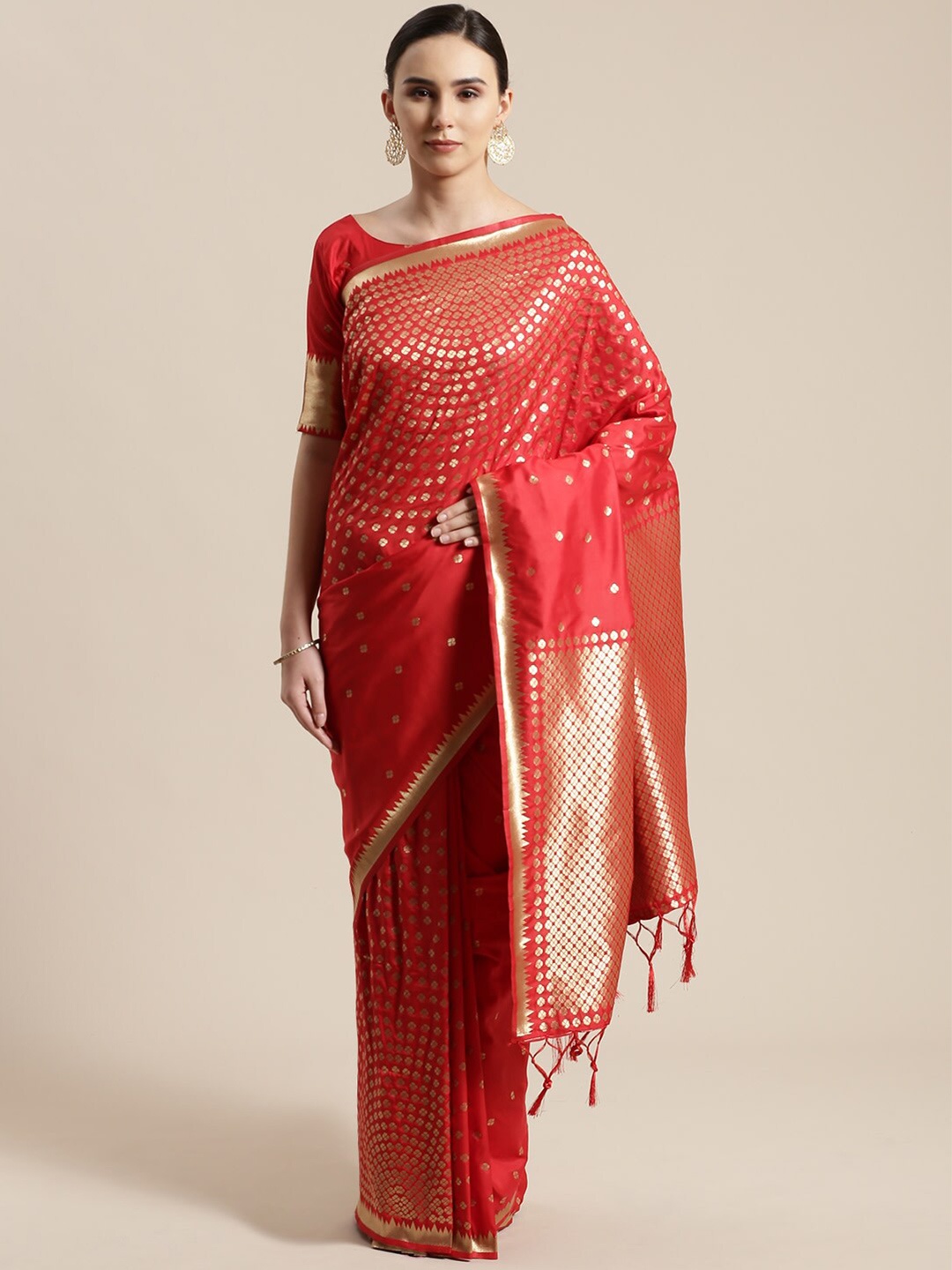 

Saree mall Red & Gold-Toned Woven Design Silk Blend Sarees