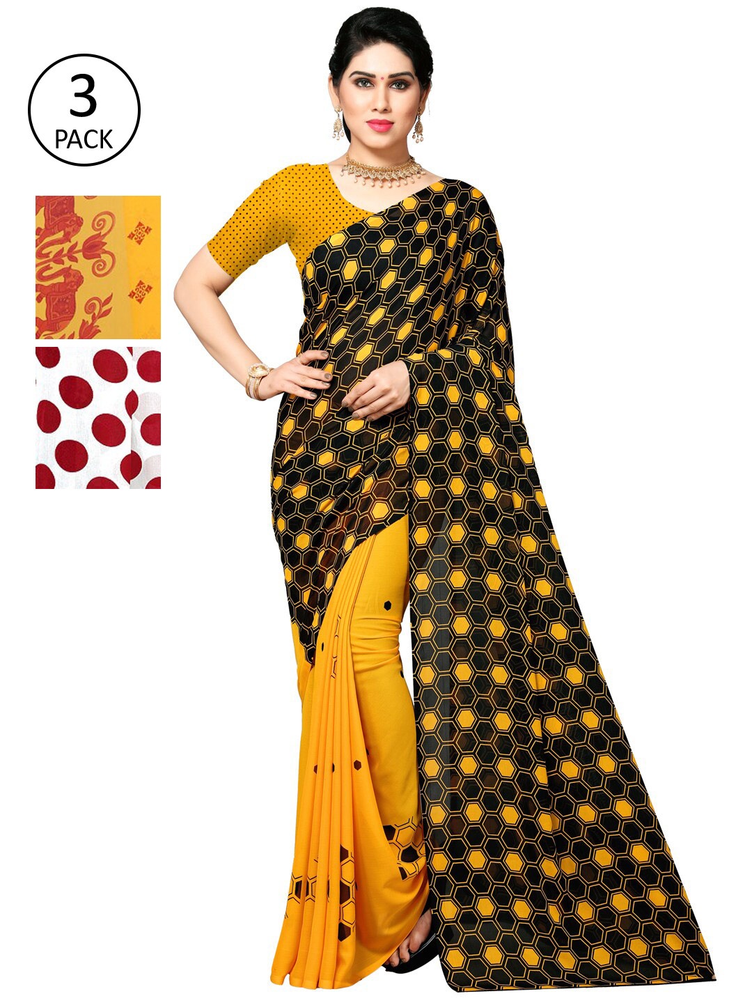 

KALINI Yellow & Black Ethnic Motifs Pack of 3 Saree