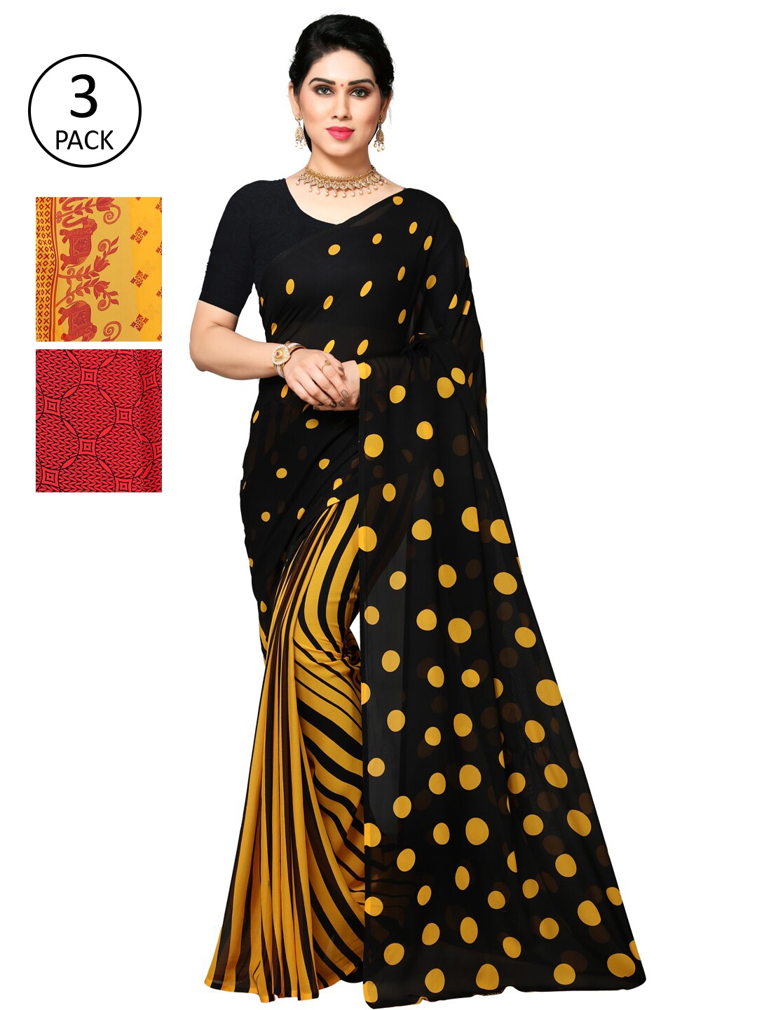 

KALINI Pack of 3 Printed Poly Georgette Saree, Yellow