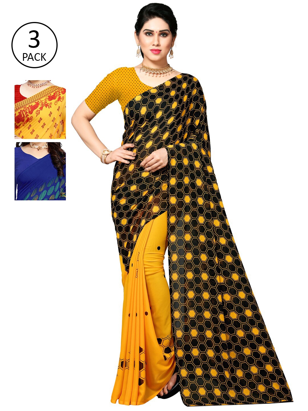 

KALINI Pack Of 3 Ethnic Motifs Sarees, Yellow