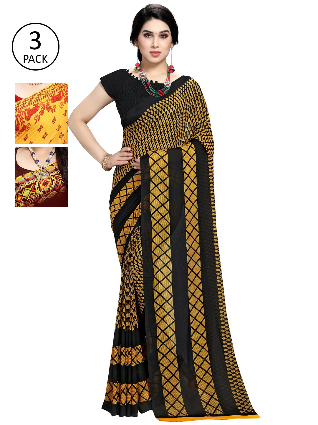 

KALINI Pack of 3 Printed Poly Georgtte Saree, Multi