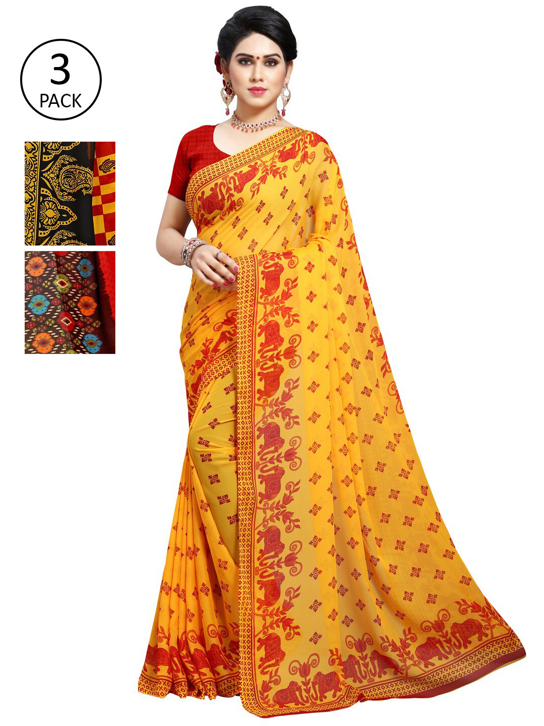 

KALINI Pack Of 3 Red & Yellow Ethnic Motifs Saree