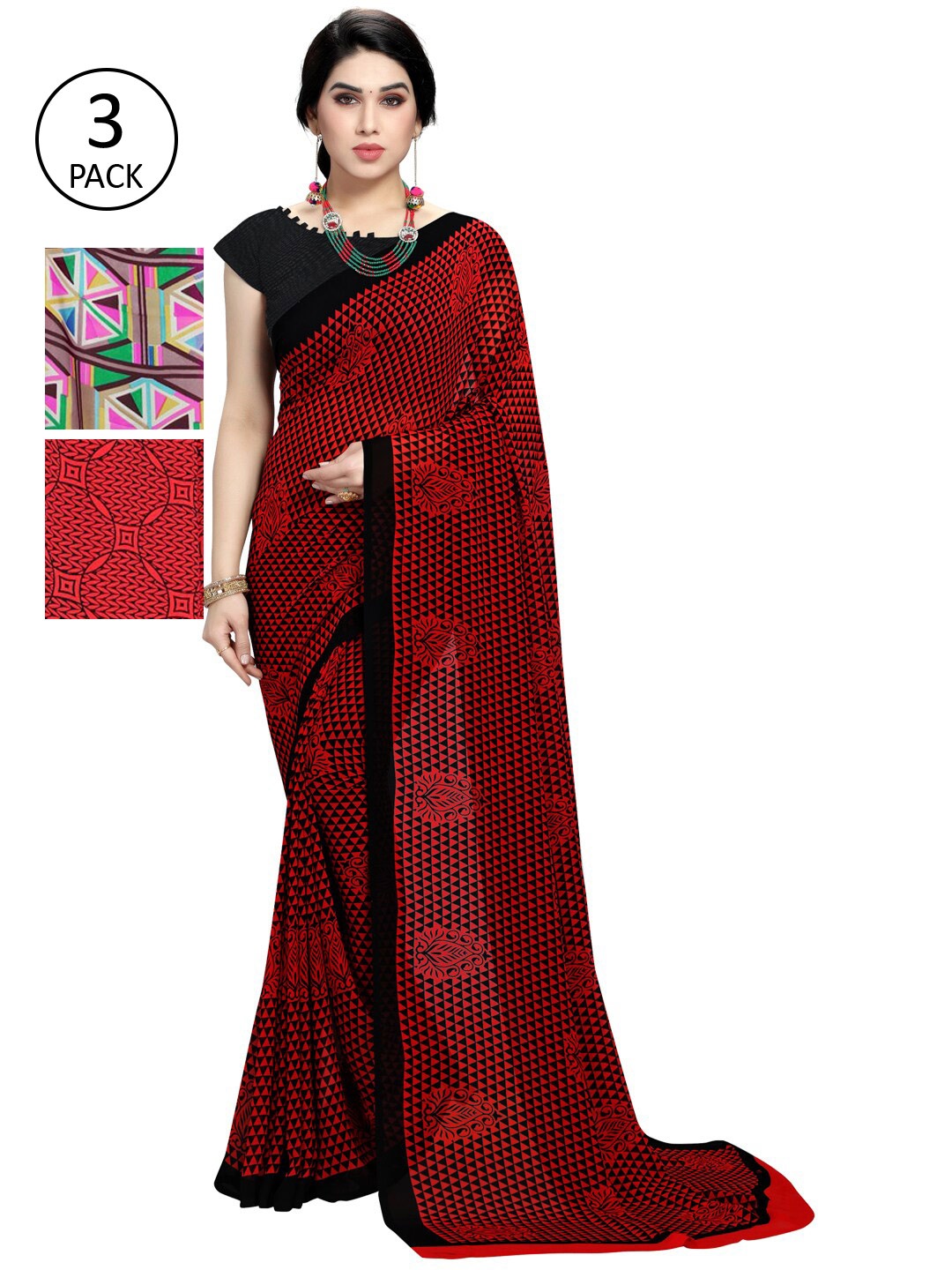 

KALINI Pack Of 3 Sarees, Red