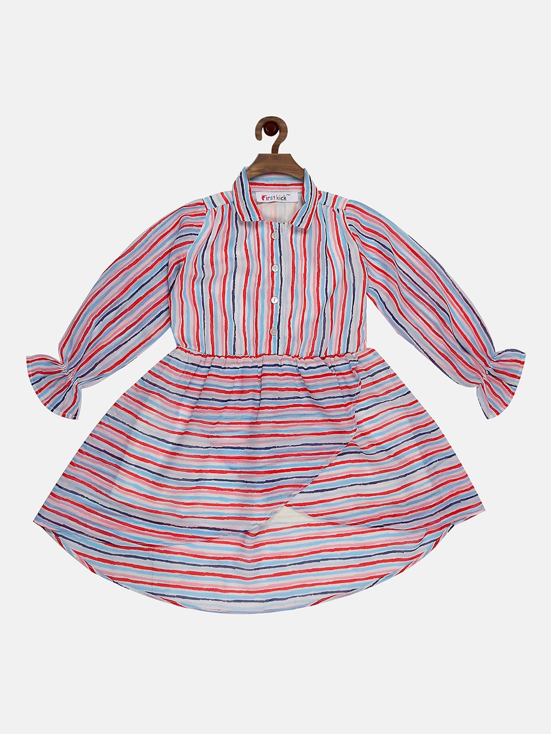 

First Kick Pink & Cream-Coloured Candy Striped Georgette Knee-Length Fit & Flare Dress