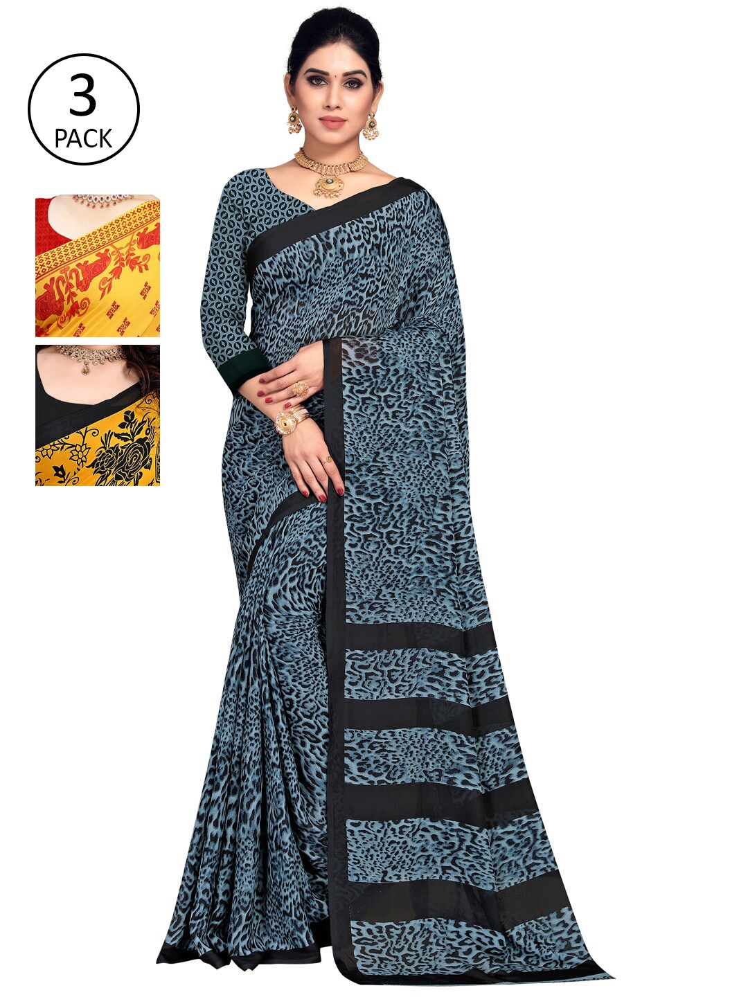 

KALINI Set of 3 Yellow & Black Ethnic Motifs Sarees