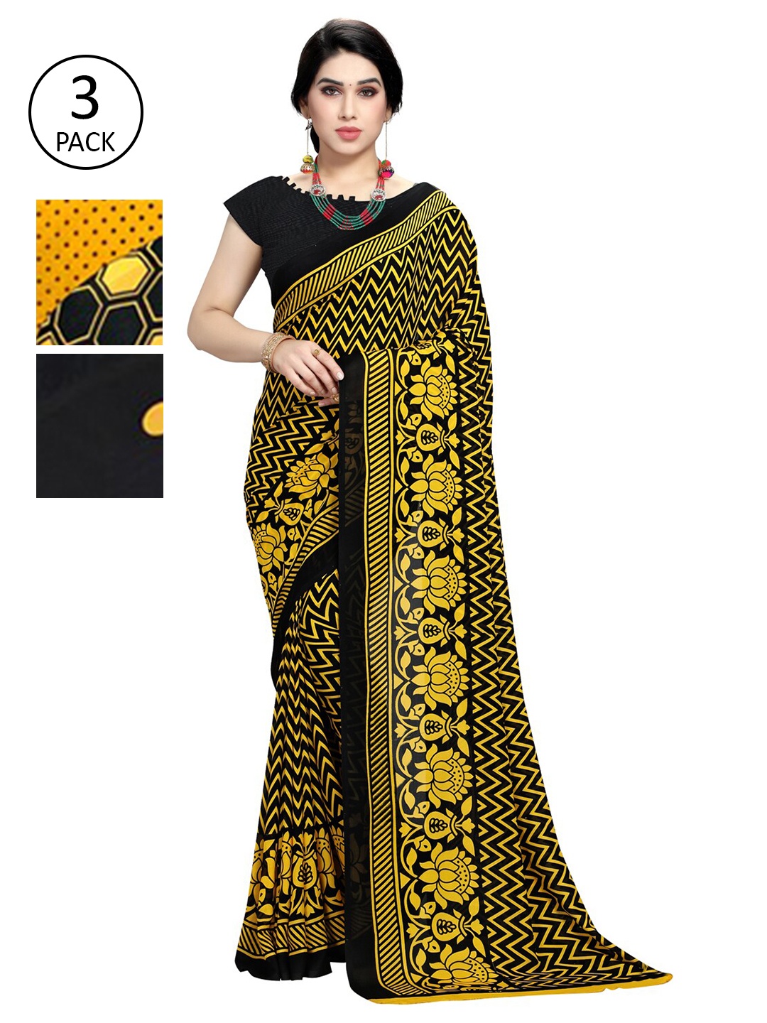 

KALINI Pack Of 3 Sarees, Yellow
