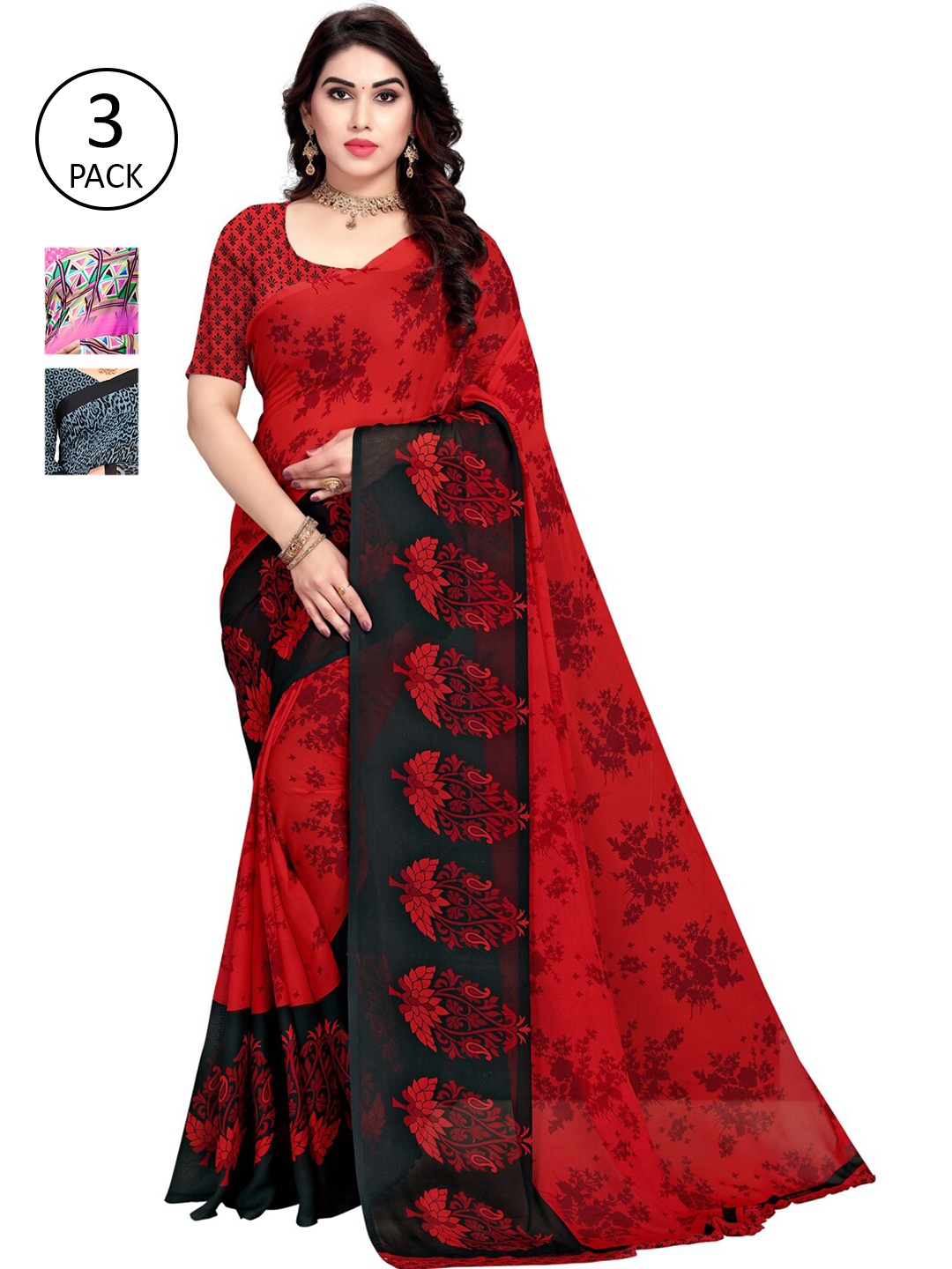 

KALINI Yellow & Red Pack of 3 Floral Saree