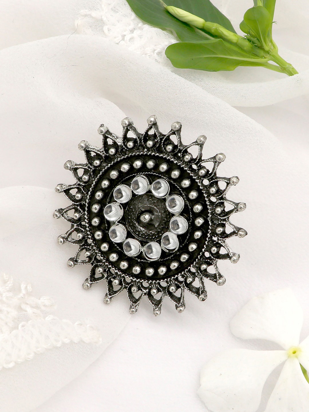 TEEJH Women Oxidized Silver-Toned & Black Lavanya Filgree Work Finger Ring