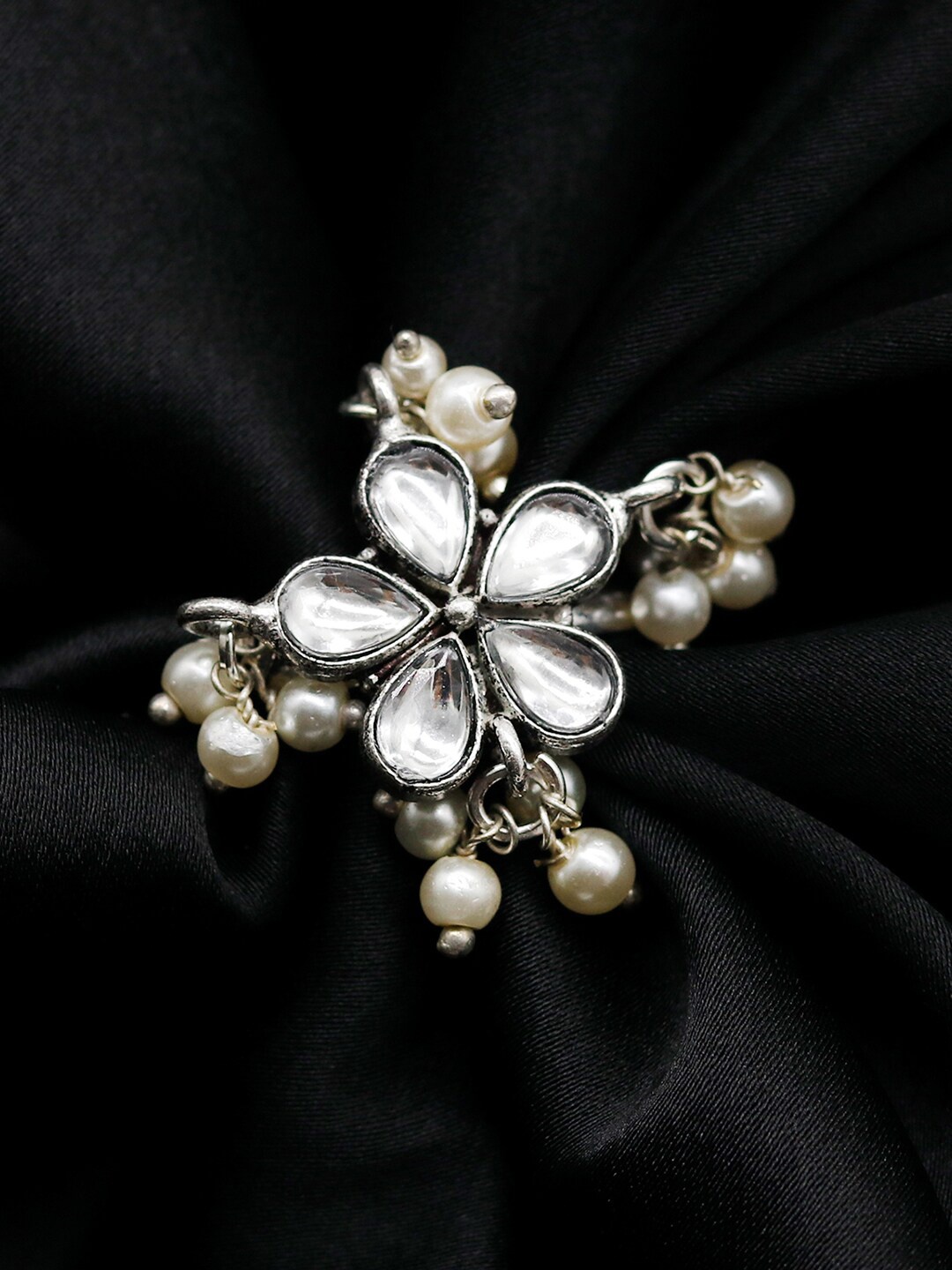 

TEEJH Oxidized Silver-Plated White Faux Polki Stone-Studded Adjustable Finger Ring