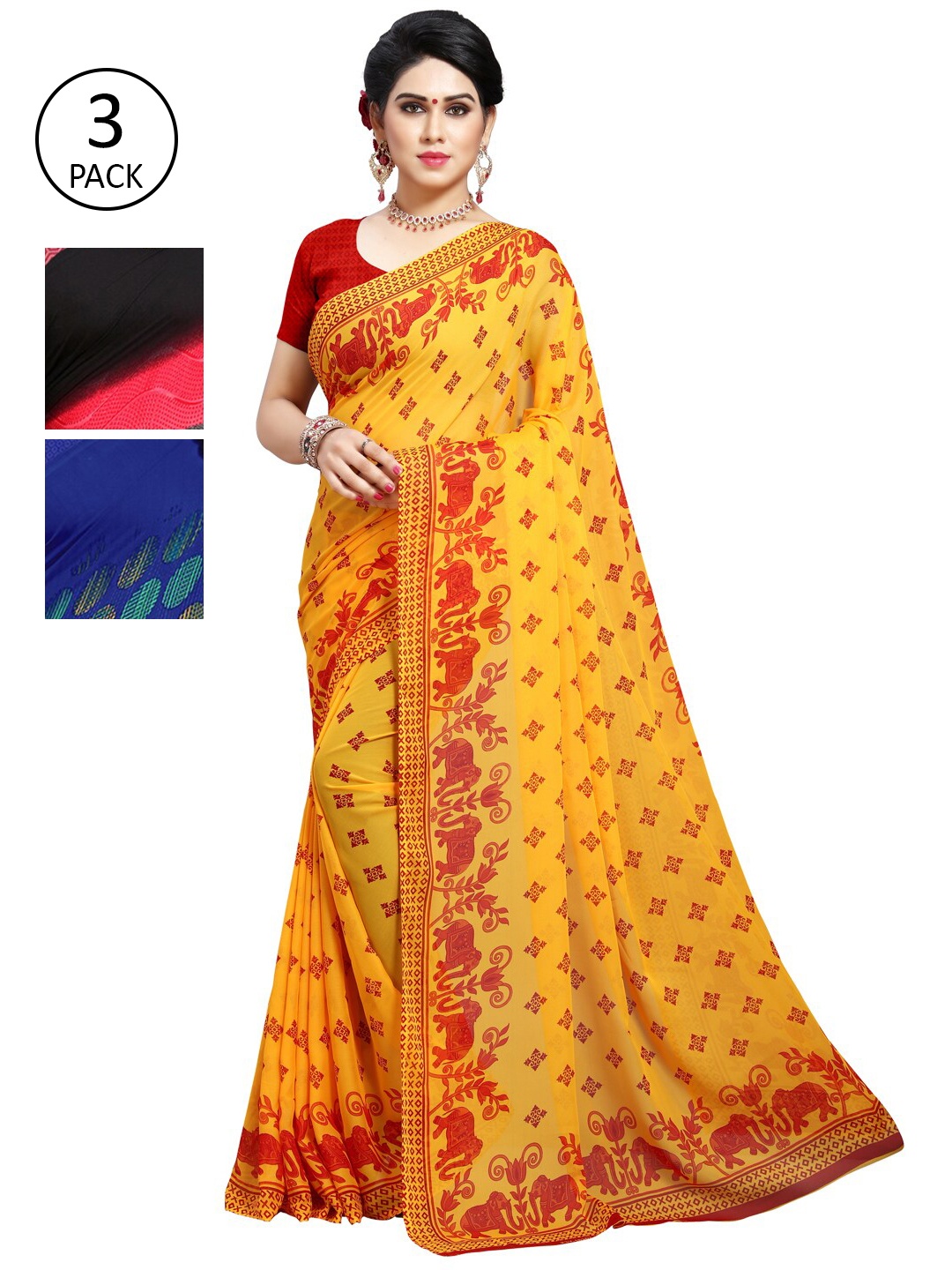

ANAND SAREES Pack of 3 Printed Poly Georgette Saree, Multi