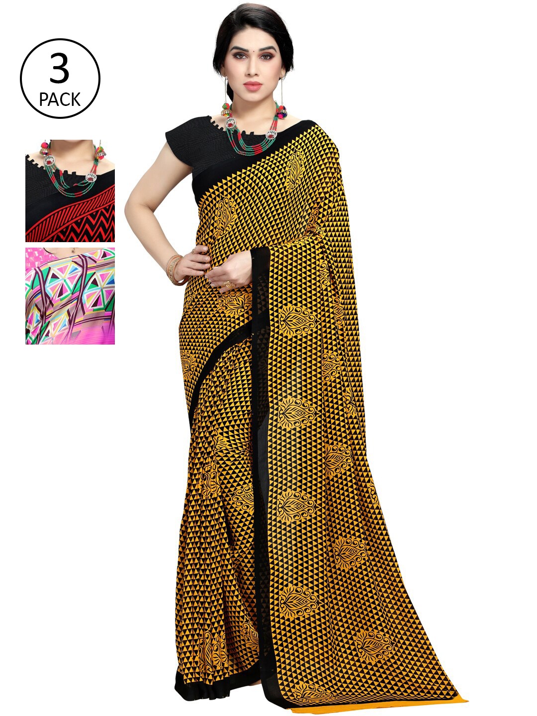 

KALINI Pack of 3 Printed Poly Georgette Saree, Pink