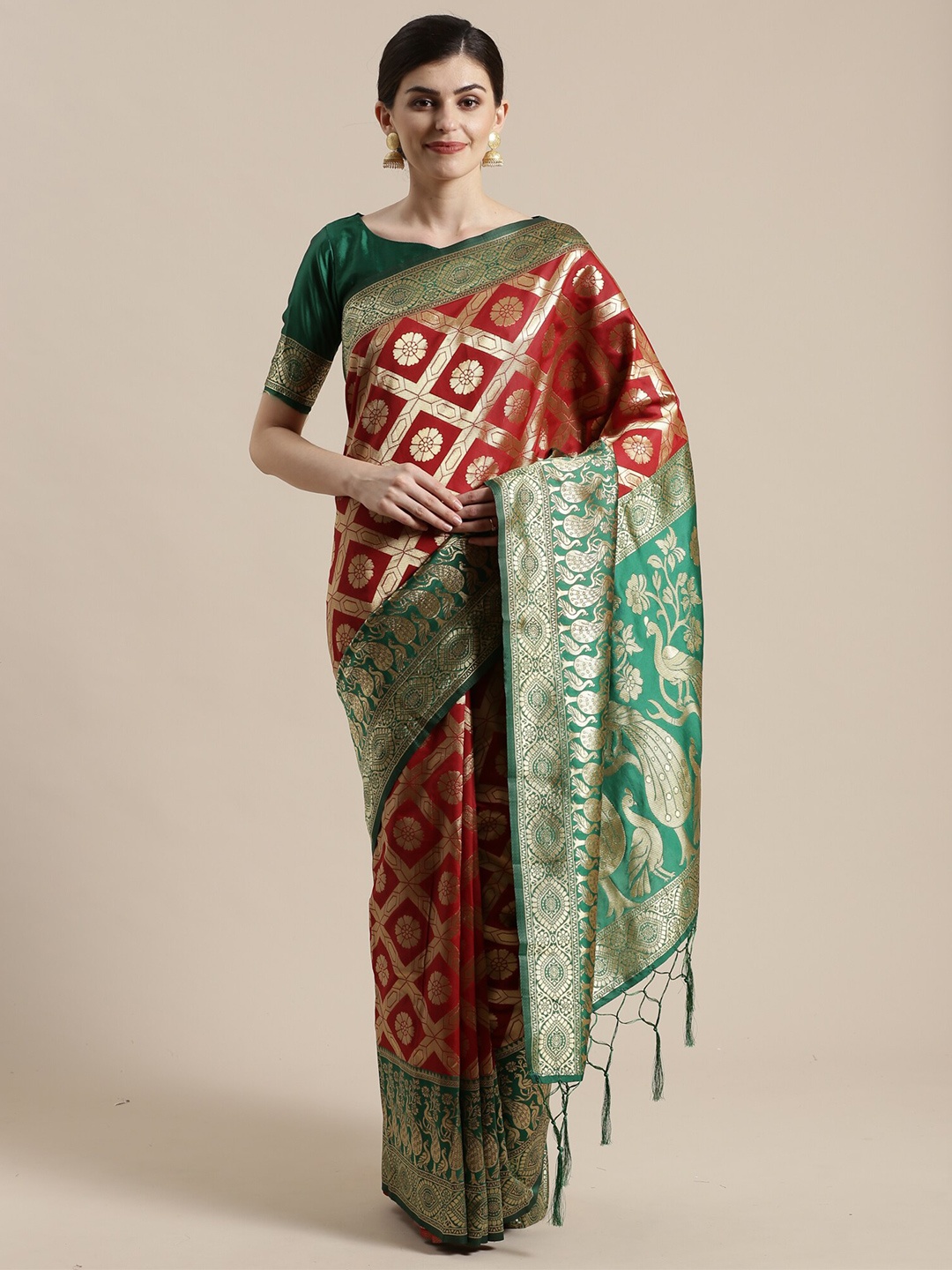 

Saree mall Green & Red Woven Design Silk Blend Sarees