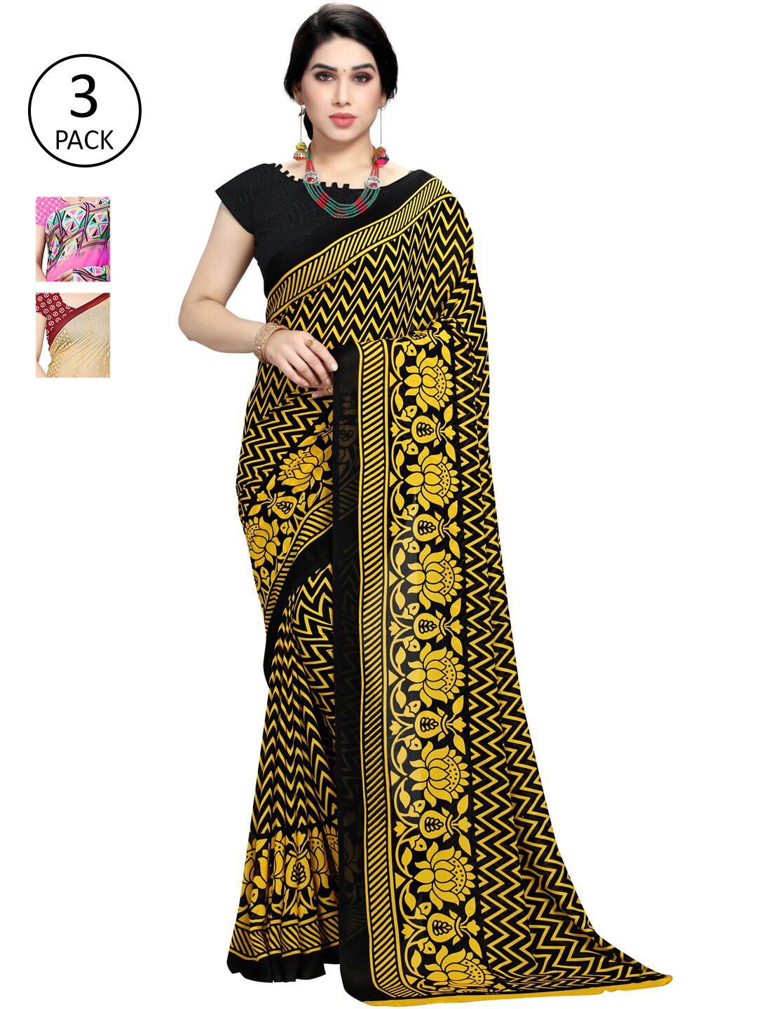 

KALINI Pack Of 3 Pink & Yellow Ethnic Motifs Saree