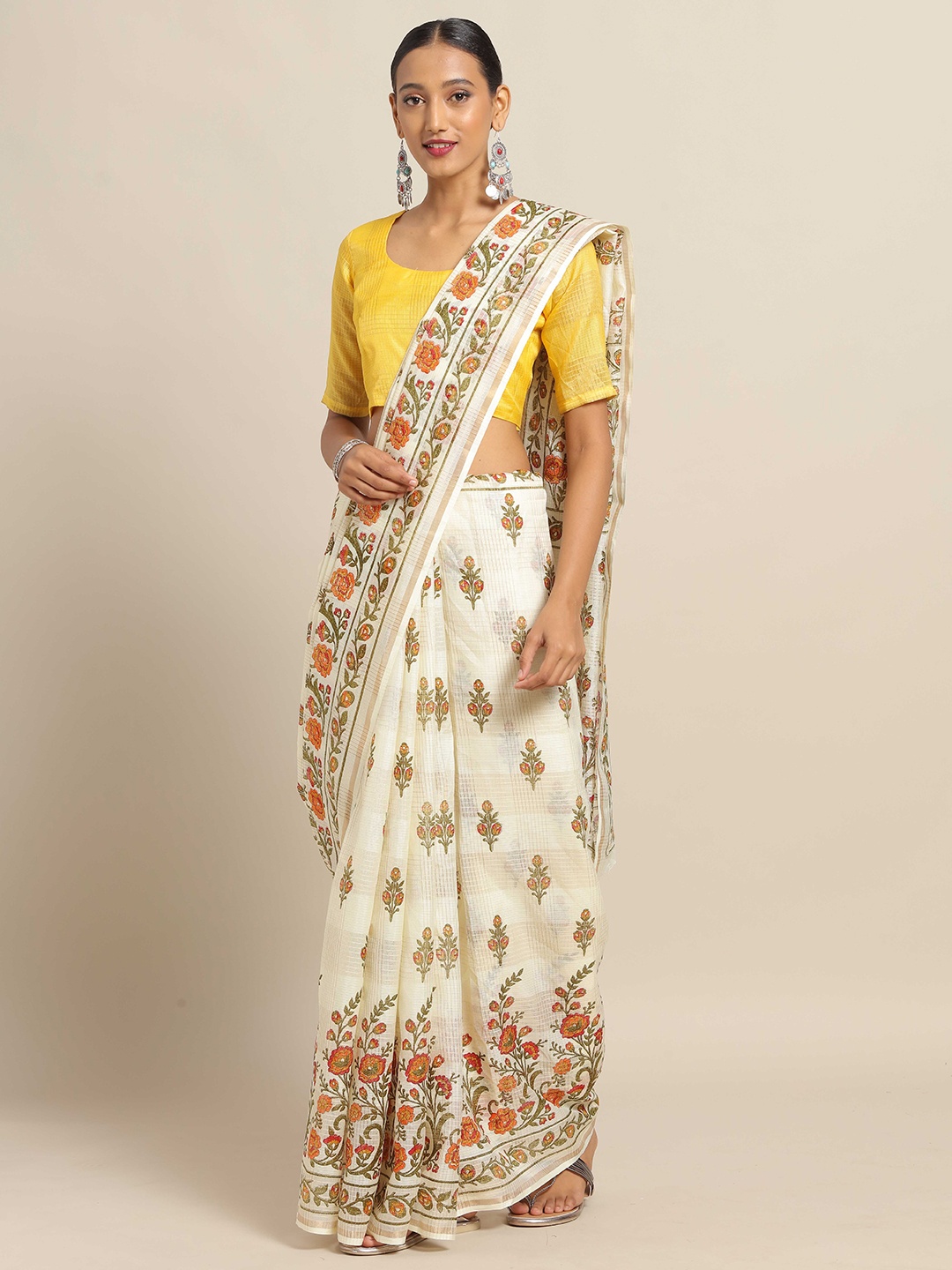 

Saree mall Cream & Green Floral Linen Blend Sarees