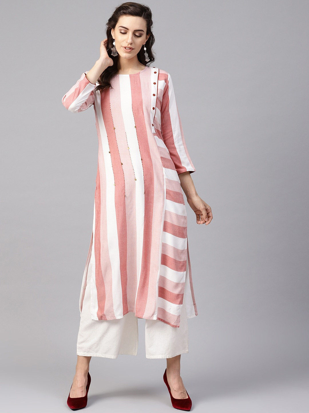 

Yufta Women Peach Striped Thread Work Kurta