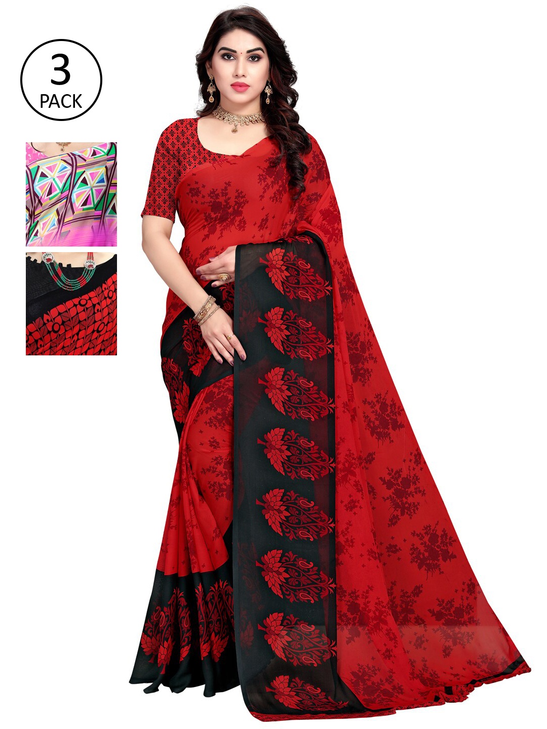 

KALINI Pack Of 3 Red & Pink Saree