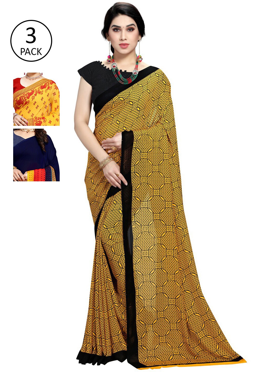 

KALINI Pack of 3 Ethnic Motifs Poly Georgette Saree, Yellow