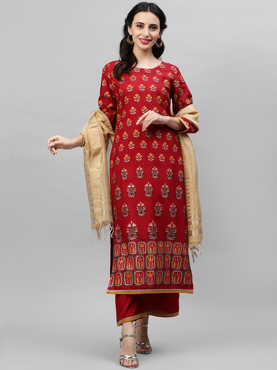 

Indo Era Women Red Ethnic Motifs Printed Layered Liva Kurta with Palazzos & With Dupatta