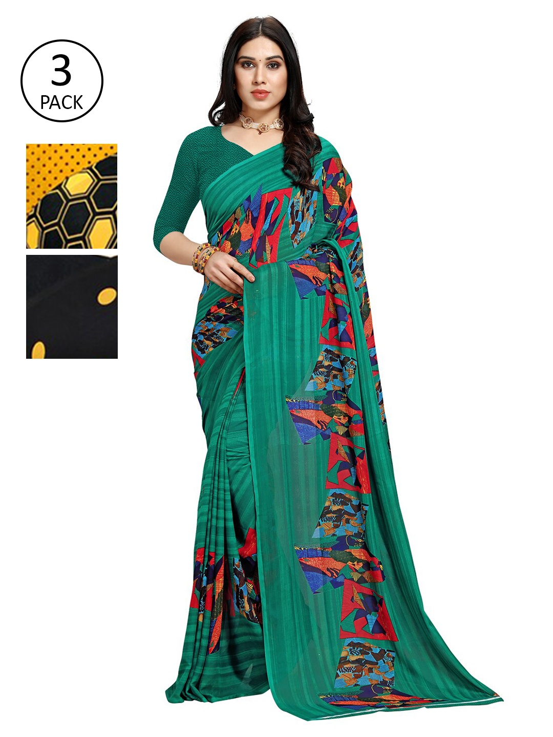 

KALINI Pack of 3 Printed Poly Georgette Saree, Multi
