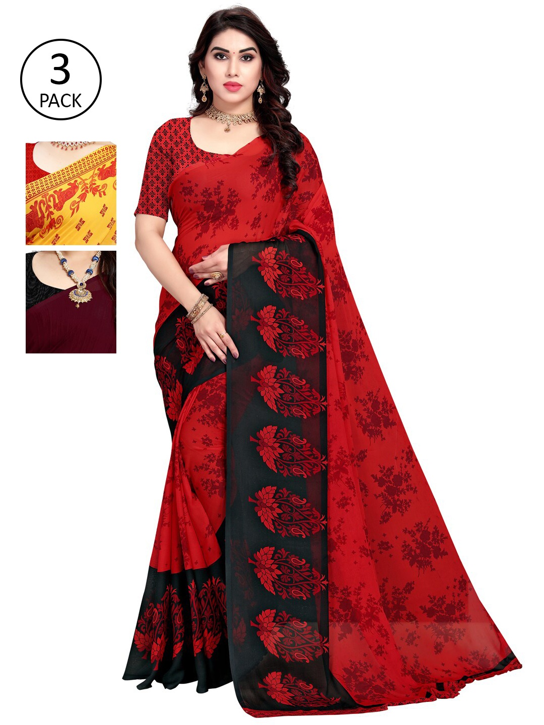 

KALINI Pack Of 3 Yellow & Red Poly Georgette Floral Saree