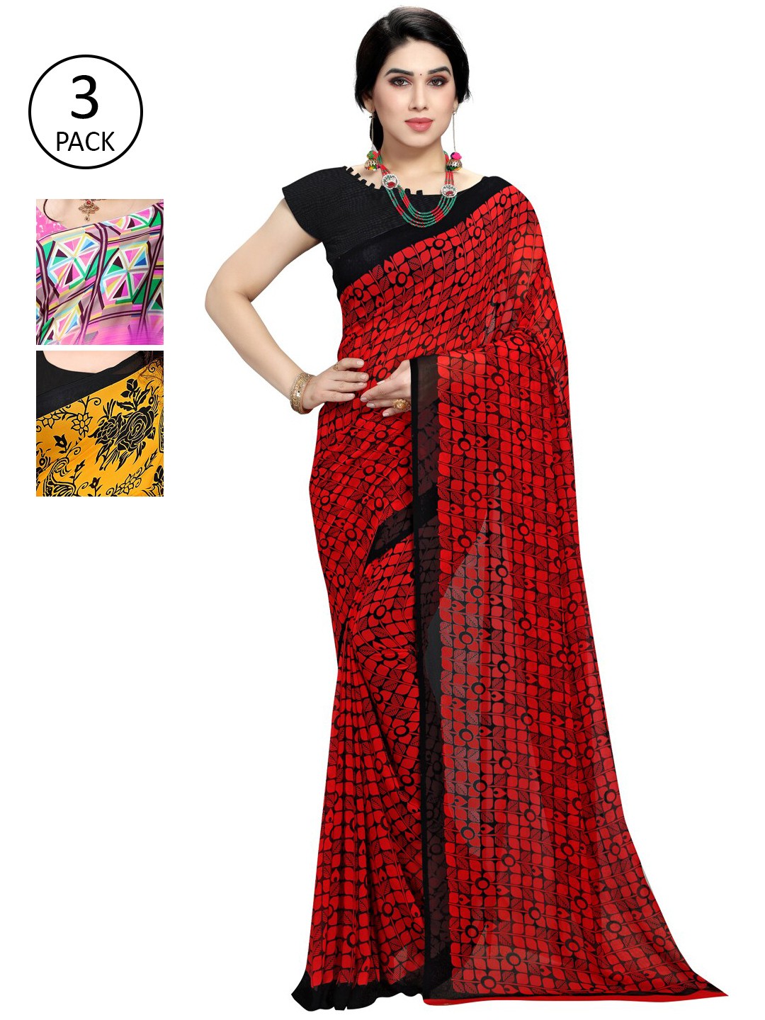 

KALINI Women Pack of 3 Poly Georgette Sarees, Yellow