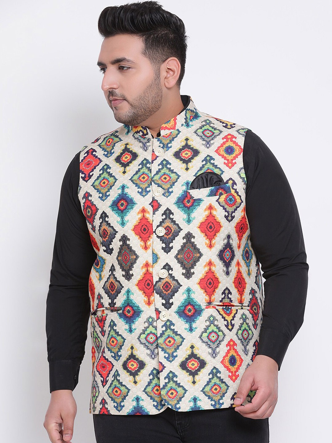 hangup trend Men White & Orange Woven Design Nehru Jacket