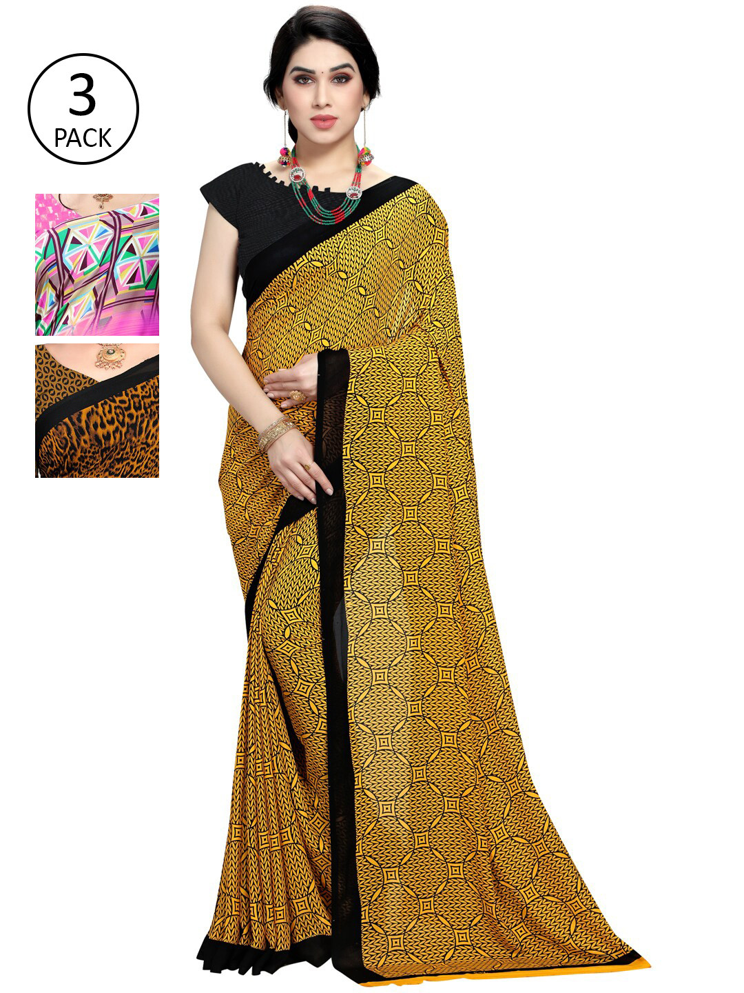

KALINI Women Pack of 3 Poly Georgette Sarees, Pink
