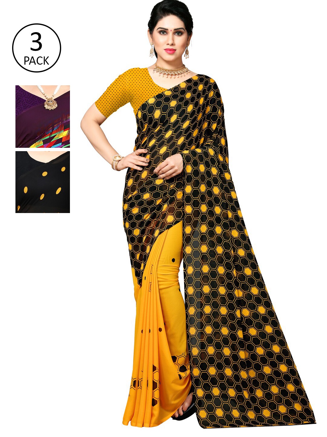 

KALINI Pack Of 3 Black & Yellow Saree
