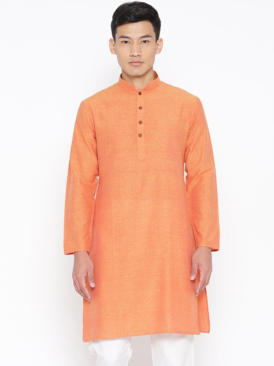 

SG LEMAN Men Coral Orange Solid Pure Cotton Straight Kurta