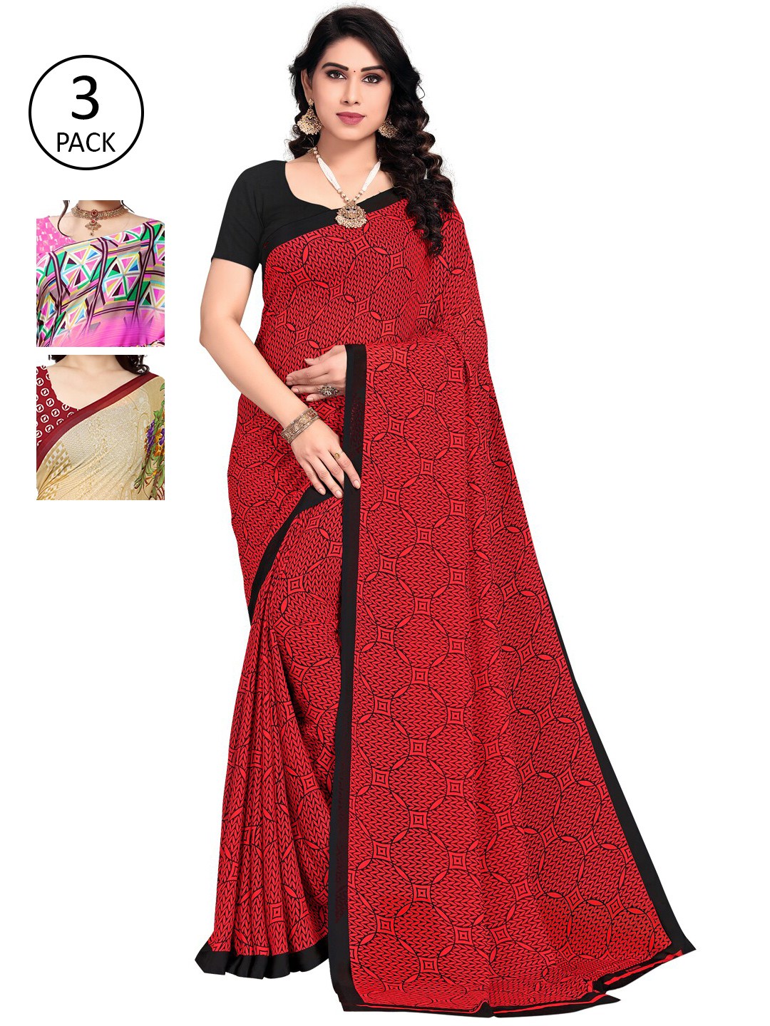 

KALINI Pack of 3 Printed Poly Georgette Saree, Multi