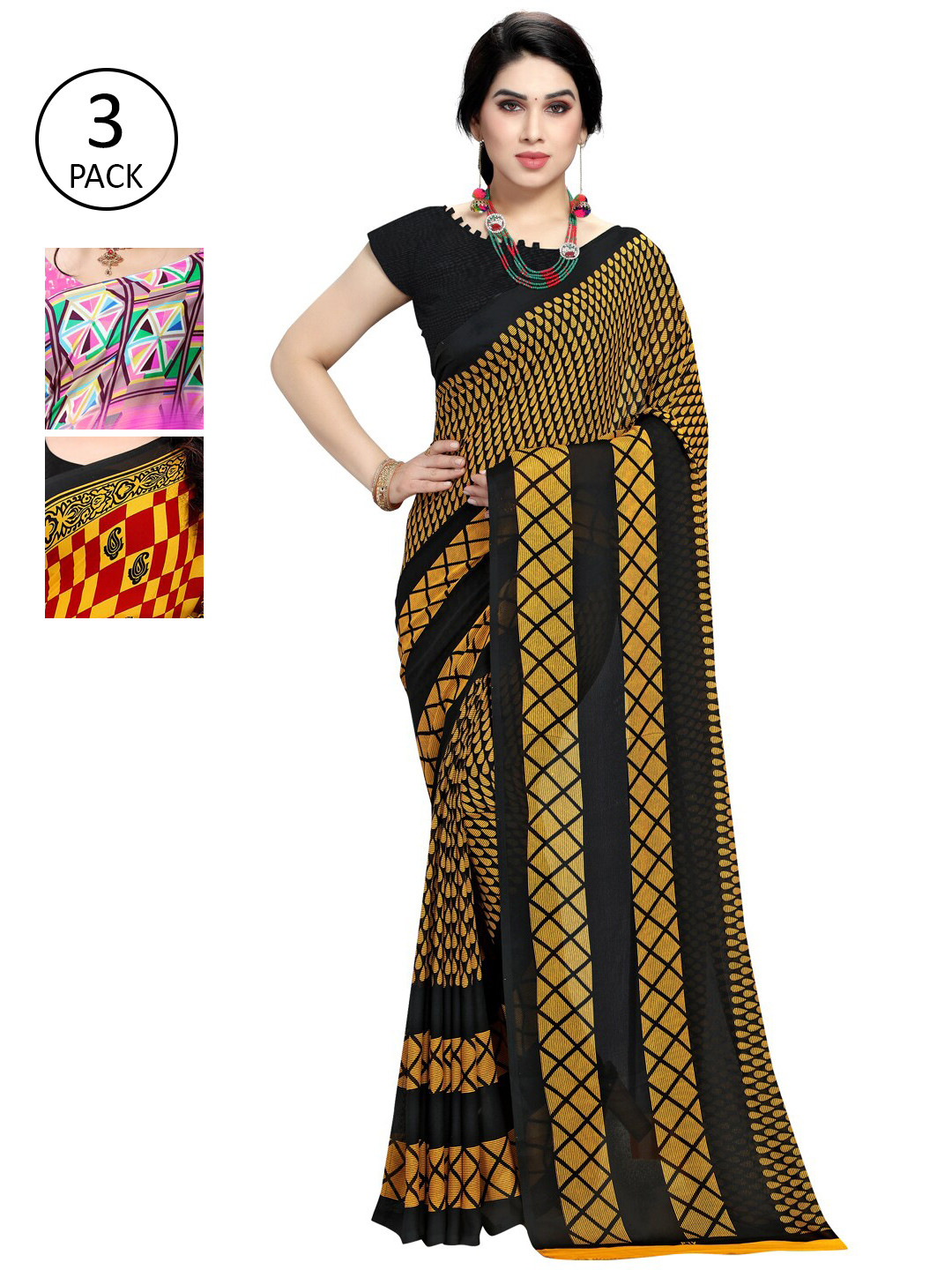 

KALINI Pack Of 3 Sarees, Yellow