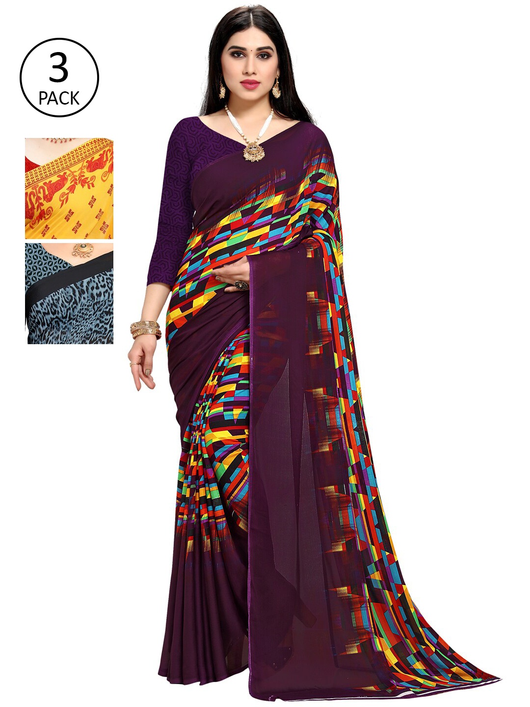 

KALINI Pack of 3 Printed Poly Georgette Saree, Yellow