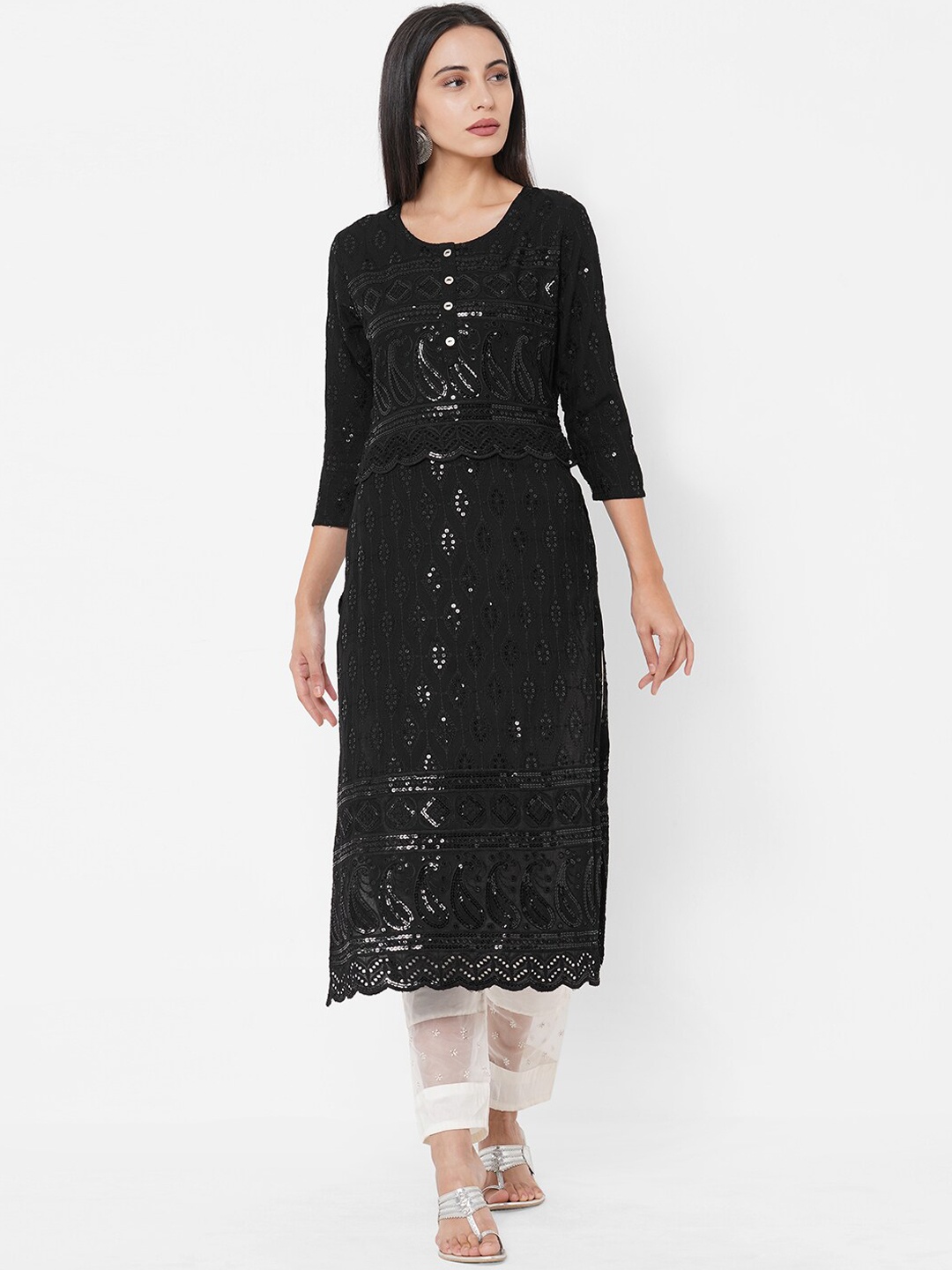 

FASHOR Women Black Ethnic Motifs Embroidered Chikankari Kurta