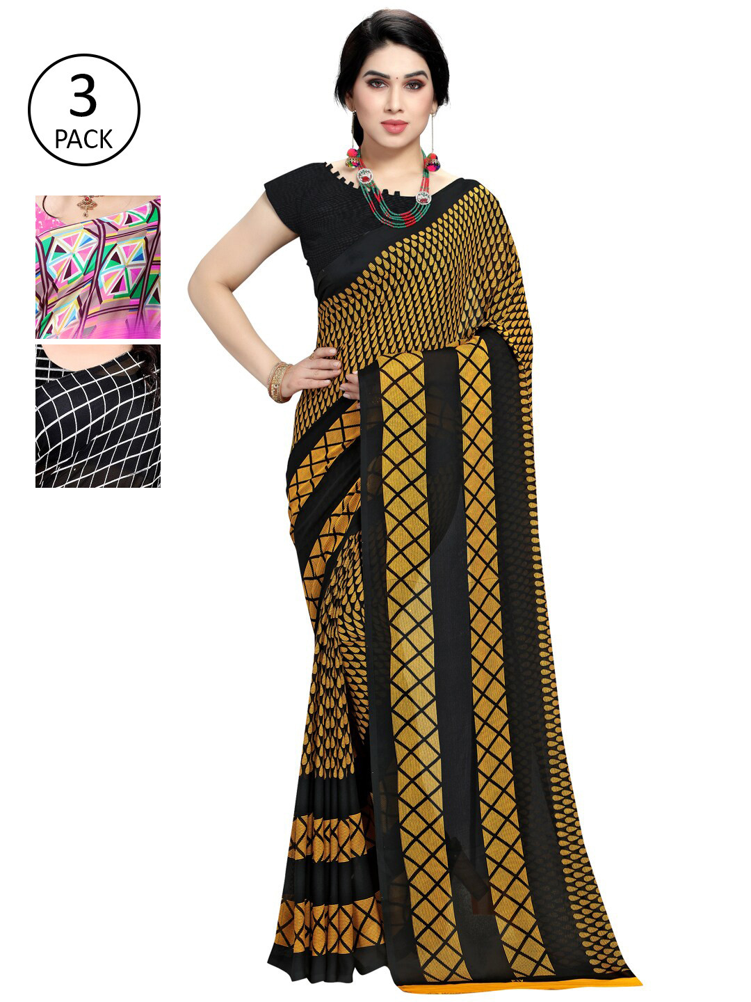 

KALINI Pack of 3 Printed Poly Georgette Saree, Pink