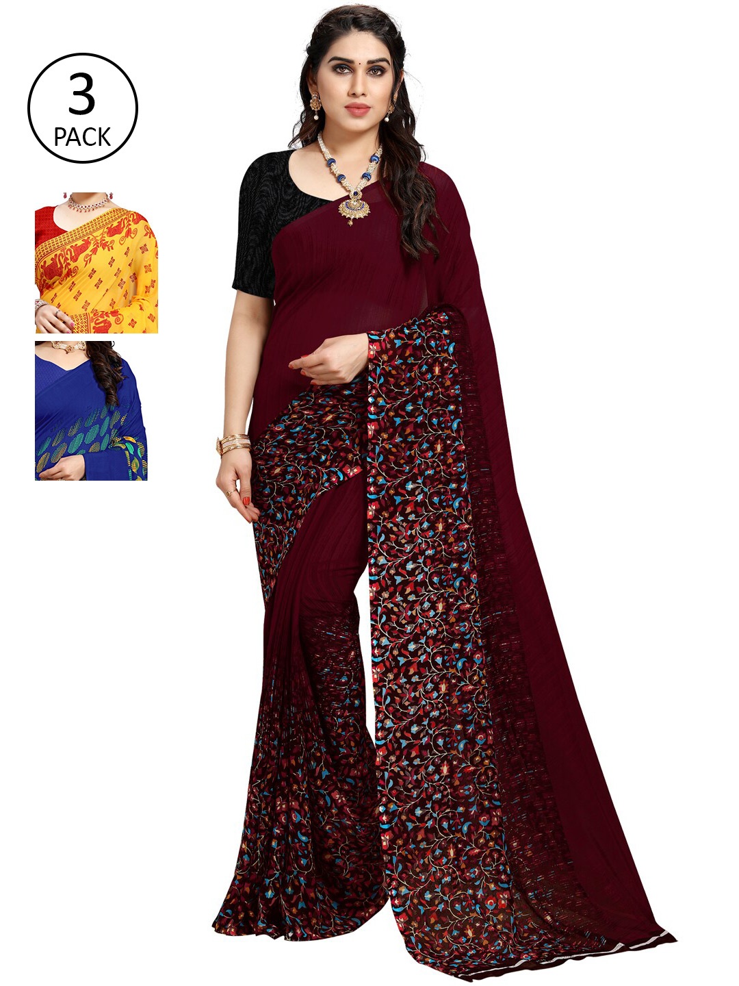 ANAND SAREES Pack of 3 Ethnic Motifs Poly Georgette Saree, Blue