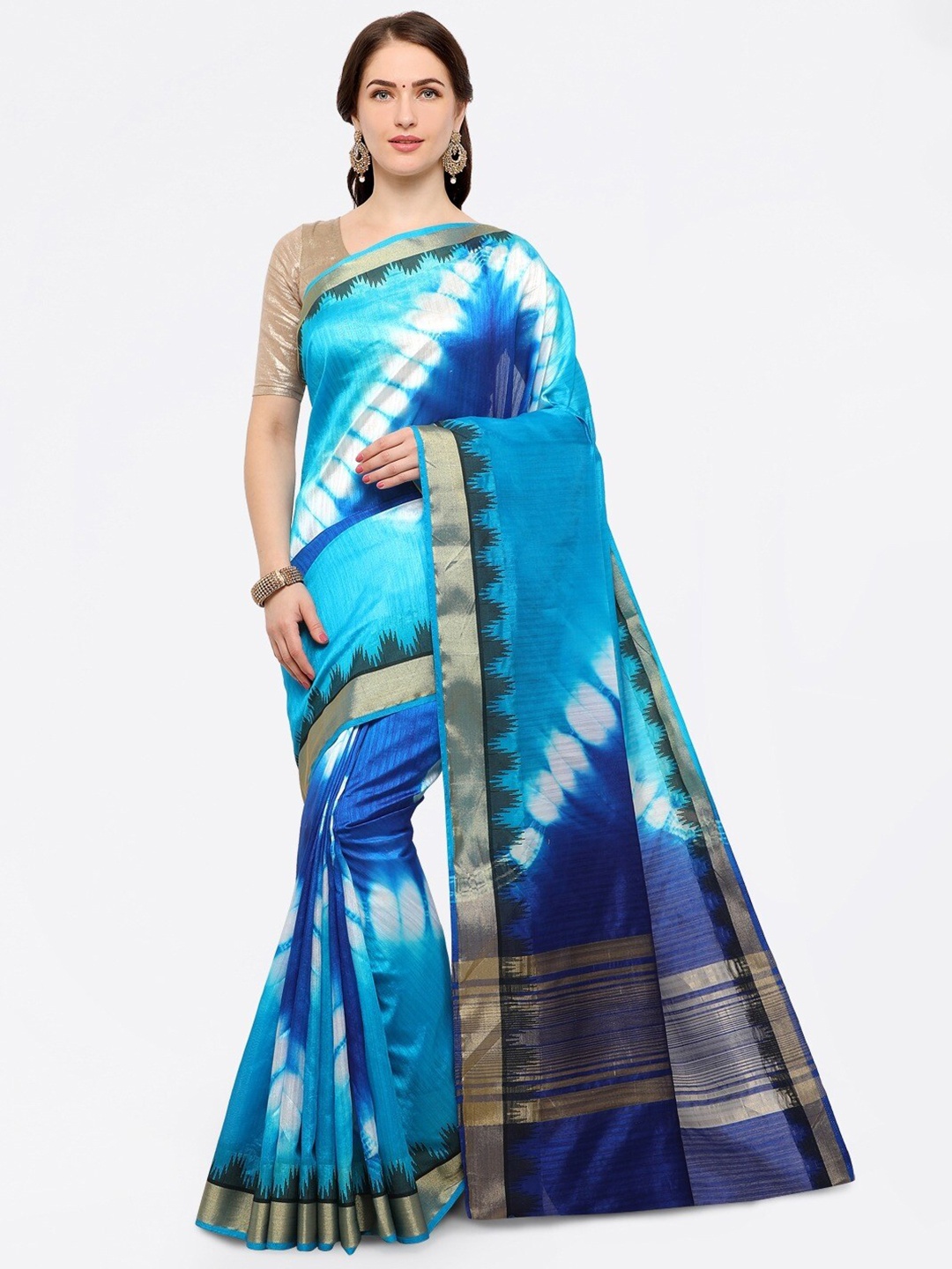 

Saree mall Blue & Gold-Toned Tie and Dye Silk Blend Sarees