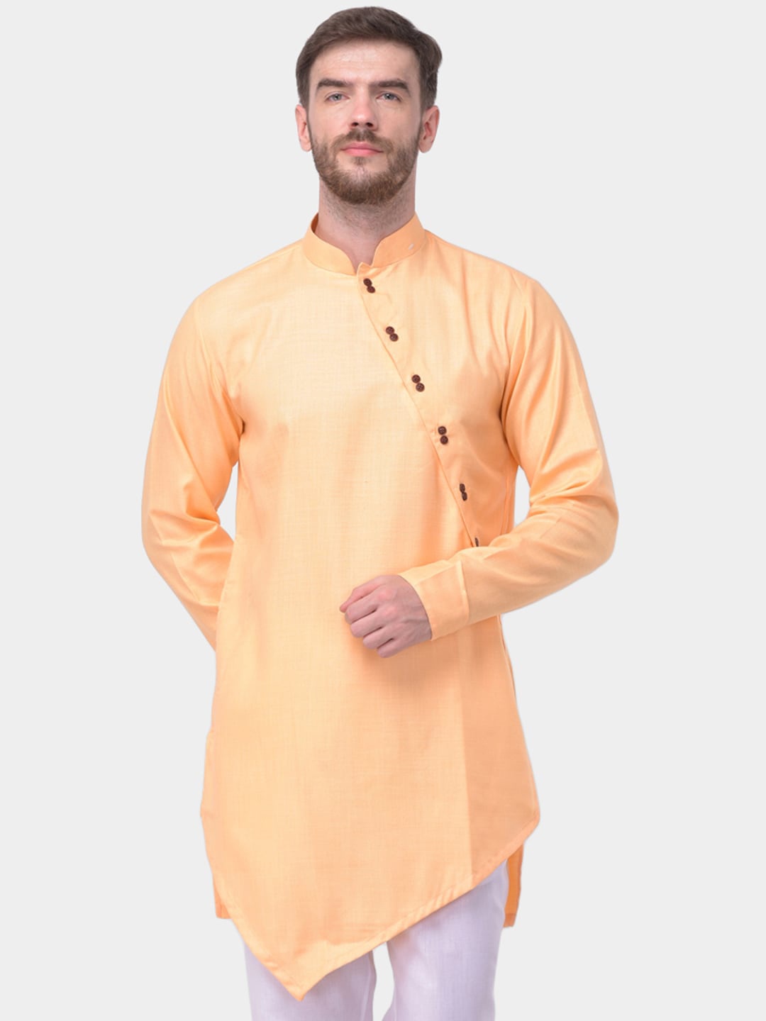 

SG LEMAN Men Orange Solid Cotton Asymmetric Kurta