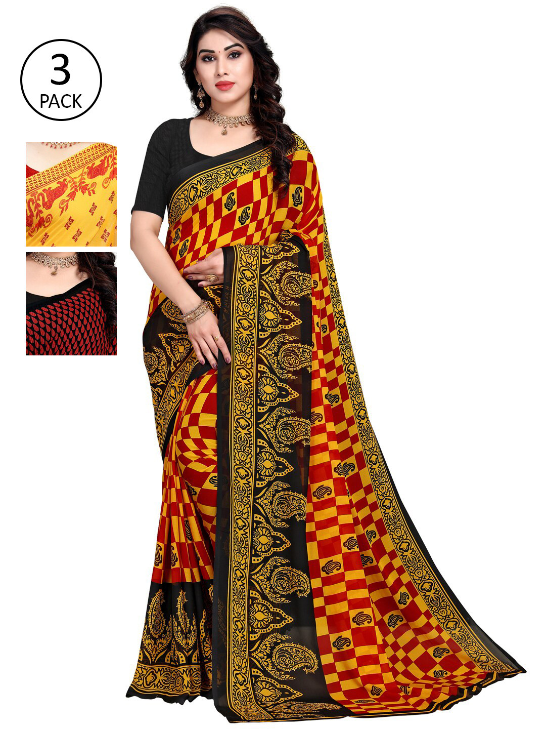 

KALINI Pack Of 3 Ethnic Motifs Sarees, Yellow