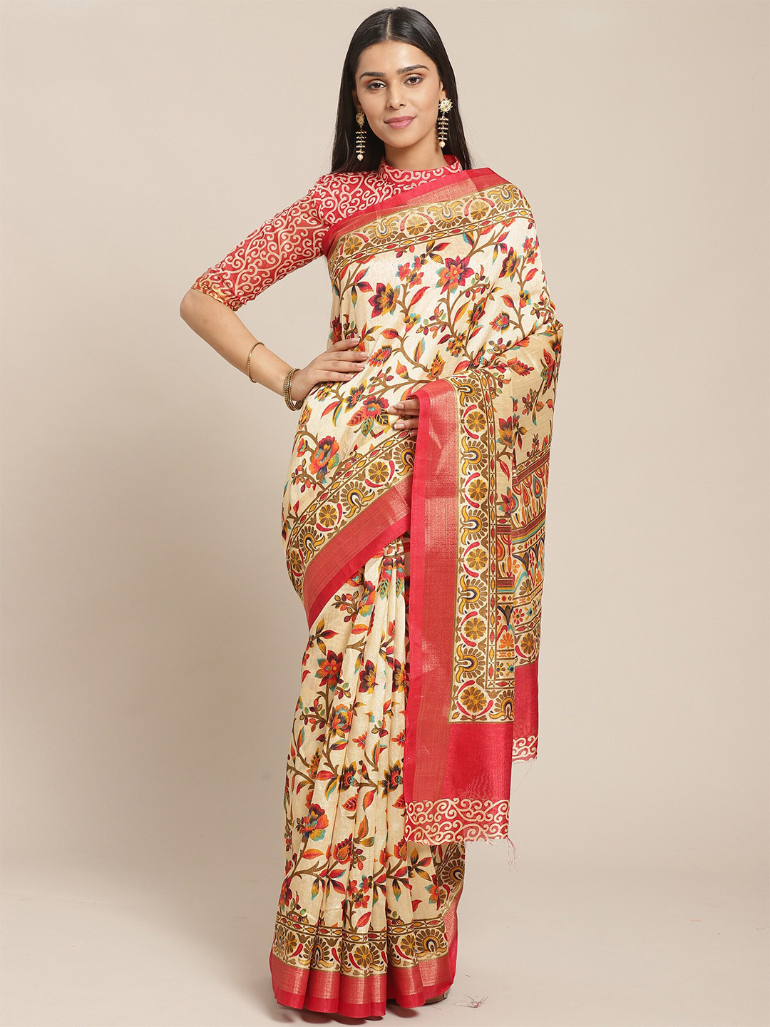 

Saree mall Cream & Red Floral Zari Silk Cotton Sarees