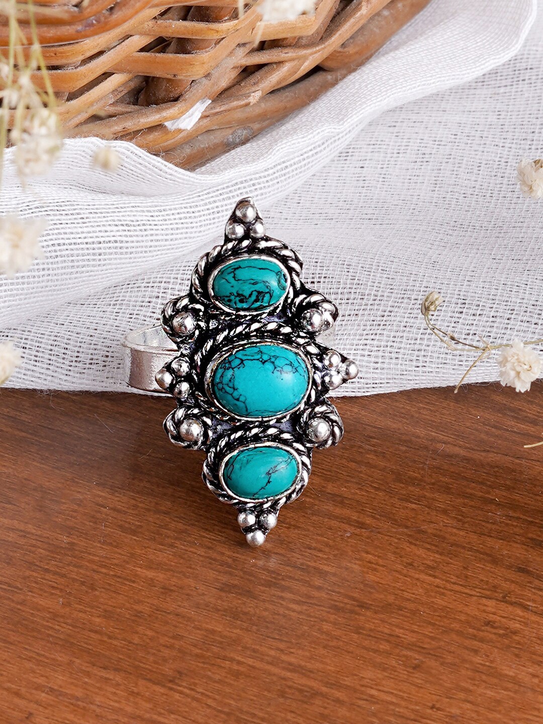 

TEEJH Oxidised Silver-Toned & Blue Faux Stones-Studded Adjustable Finger Ring