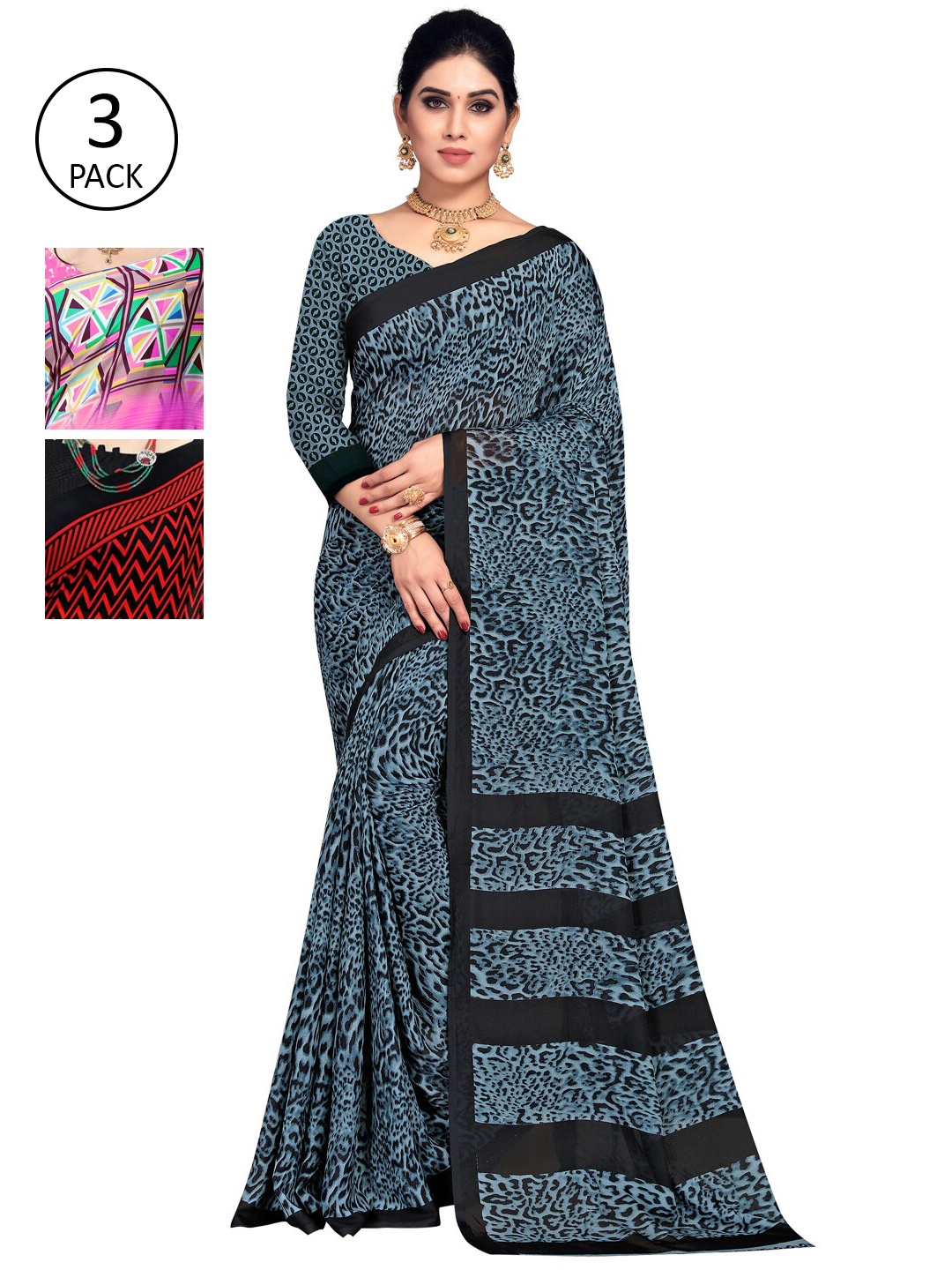 

KALINI Women Pack of 3 Poly Georgette Sarees, Pink