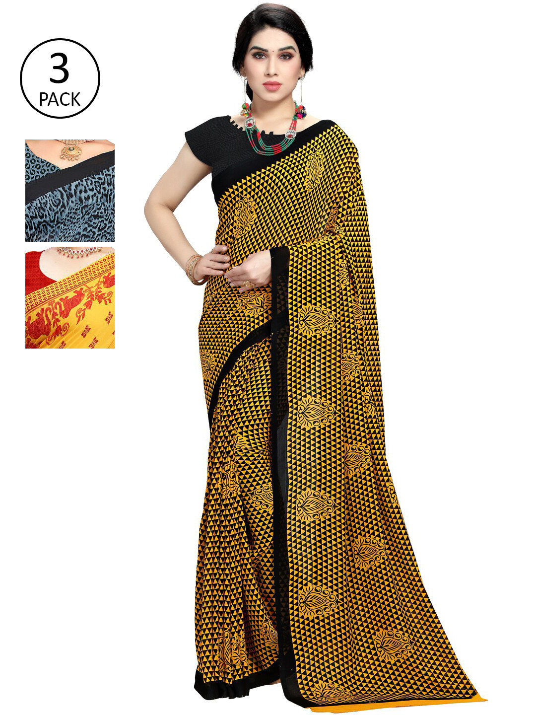 

ANAND SAREES Pack of 3 Assorted Poly Georgette Sarees