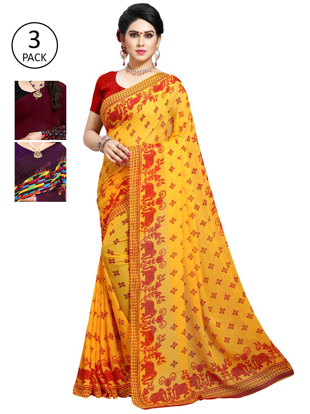 

KALINI Pack Of 3 Yellow & Red Saree